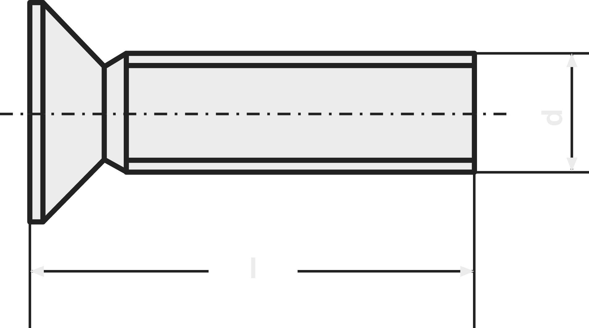 Technical drawing of a countersunk screw with thread, side view. Shows the dimensions and proportions of the screw.