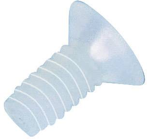 A white, conical screw with thread, lying on a white surface. It has a broad, flat top surface.