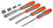 Four chisels with orange-grey handles and varying blade widths, along with blade covers.