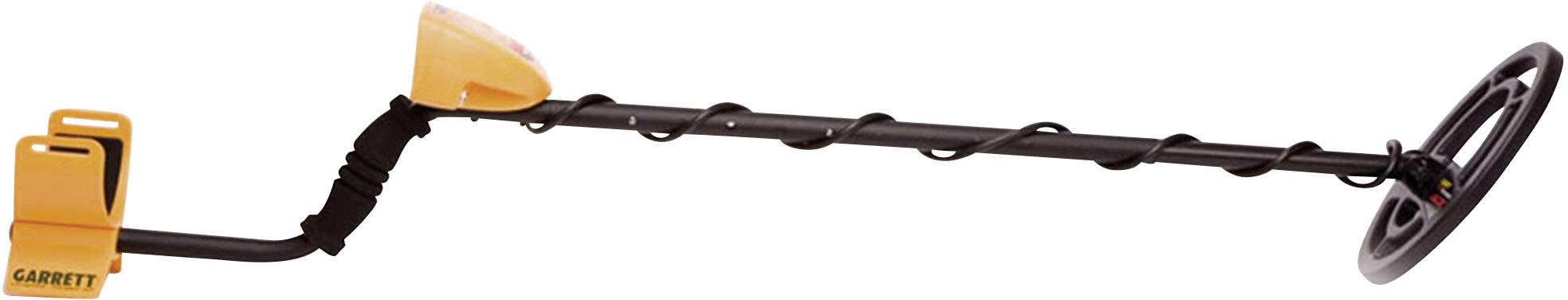 A metal detector with a black rod and yellow casing, suitable for searching for metal objects in the ground.
