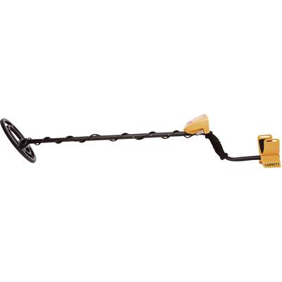 A metal detector with a black stem and yellow head section, suitable for searching for metallic objects in the ground.