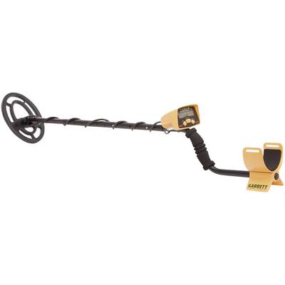 Metal detector with long pole and search coil on the left. Display unit in yellow with control buttons and company logo 'Garrett'.