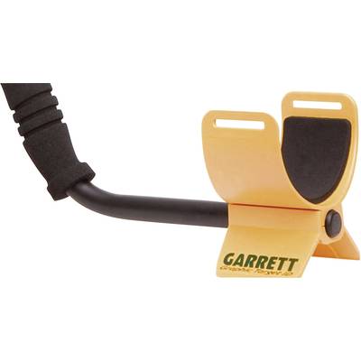 Metal detector, arm support in black and yellow, with 'Garrett' inscription; helps support holding the device.