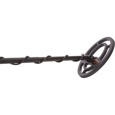 Metal detector with a circular coil and curved cable, suitable for locating metal objects in the ground.