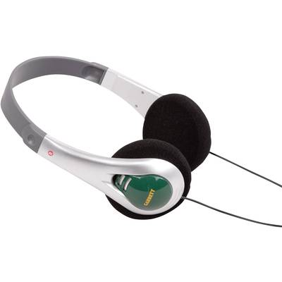 Black and silver headphones with padded ear cups and a slim headband, connected by a thin cable.