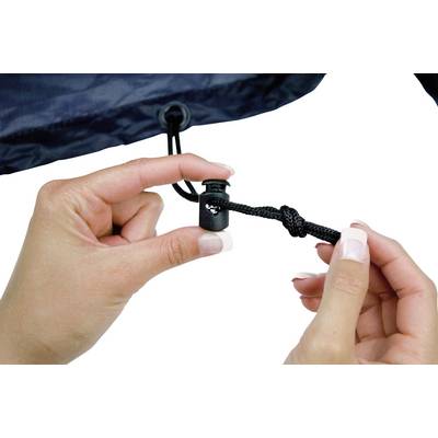 Two hands demonstrate the use of a cord stopper on a black cord. One hand is holding the button, the other the cord end.