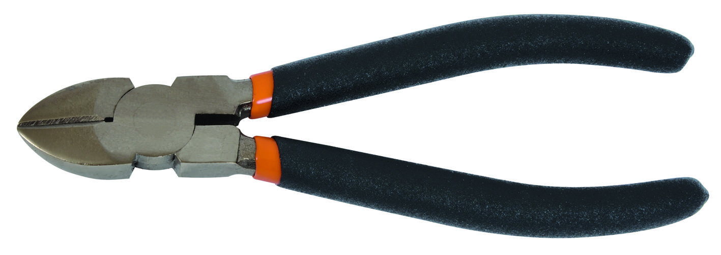 A silver wire-cutting pliers with black rubber-coated handles and orange accents. Suitable for cutting wire and cables.