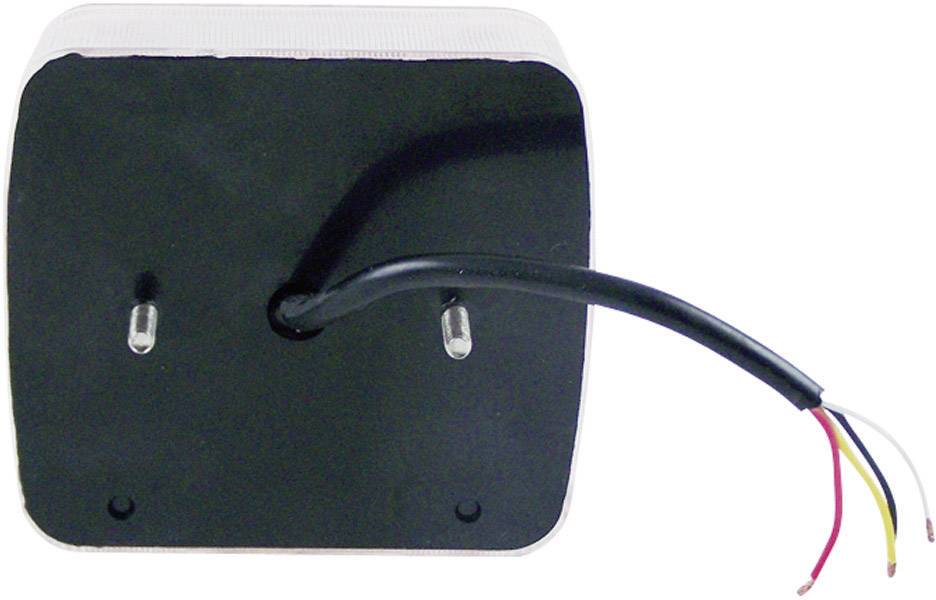 Rear side of a square LED light with two mounting bolts and protruding connection cable with three coloured wires.