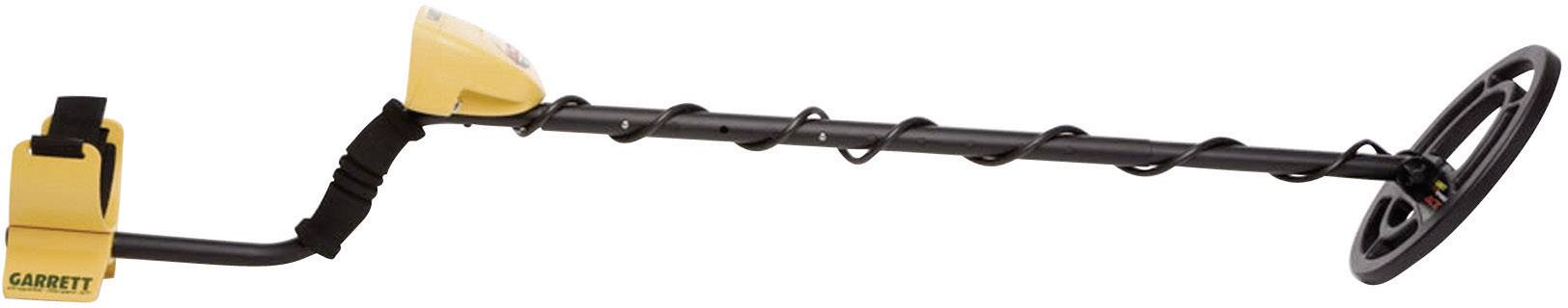 Yellow and black metal detector with handle and circular search coil, side view.