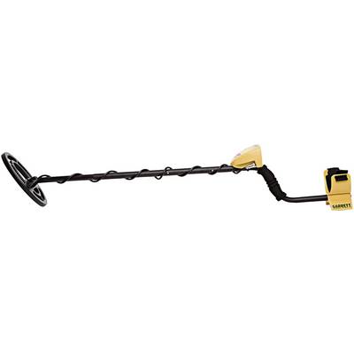 A metal detector with a black shaft and yellow control unit.