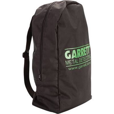Black rucksack with green print 'Garrett Metal Detectors'. Side view showing zip and carrying straps.