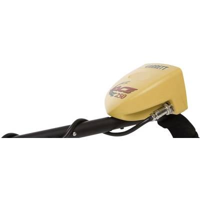 A yellow metal detector with the inscription 'ACE 250' and 'Garrett', mounted on a black handle.