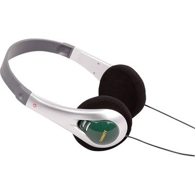 Headphones with a black headband and green details.