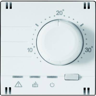 A white thermostat with a rotary dial. The scale shows temperatures from 5 to 30 degrees Celsius. Warning and heating symbols are visible.