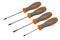 Four screwdrivers with orange-grey handles are laid side by side. They have different tips: Phillips and flathead.