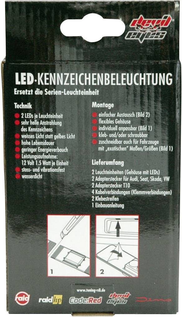Packaging for an LED Number Plate Light. Contains information on technology, installation, contents of package. Brand logos at top and bottom.