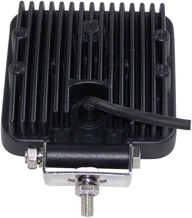 The image shows a square, black LED work light with cooling fins and a mounting screw at the bottom.