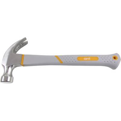 A grey hammer with an orange stripe on the handle. The head has a claw for pulling out nails.