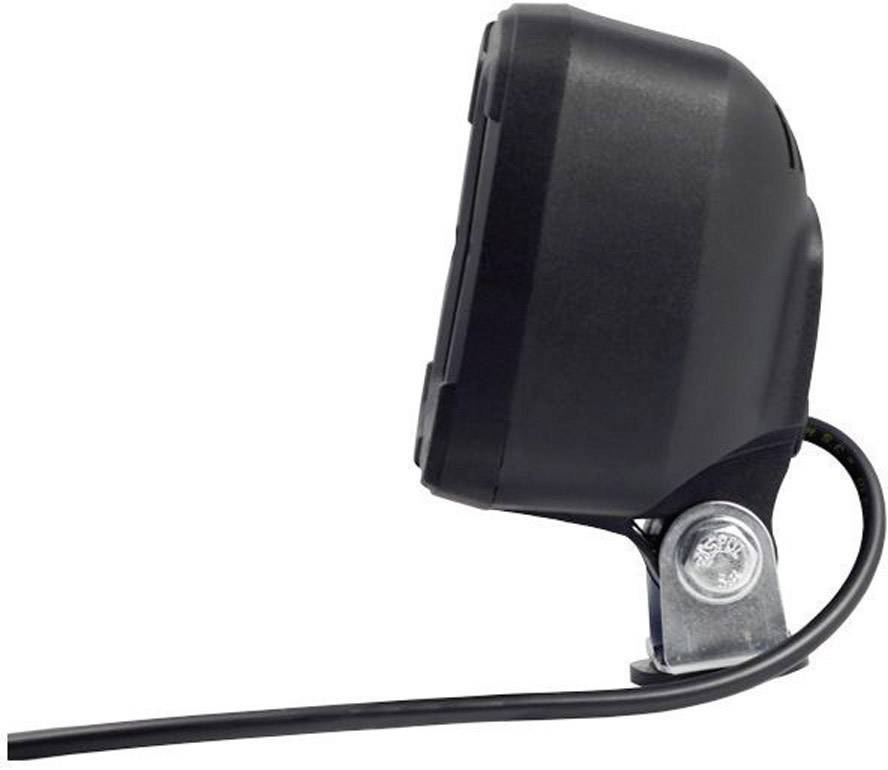 A side view of a black, rectangular technical device with a cable, mounted on a metal bracket.