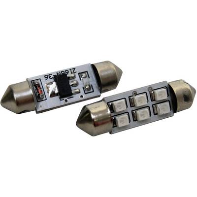 Two LED courtesy lamps with metal caps and rectangular plate, suitable for interior lighting in vehicles.