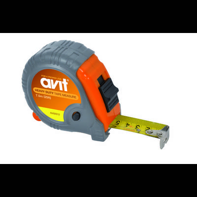 A grey and orange tape measure extended to 7.5 m. Marked with '7.5m (25ft)' and 'HEAVY DUTY TAPE MEASURE'.