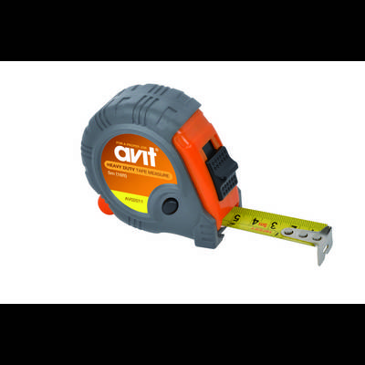 Grey-orange measuring tape by the brand 'avit', 5 metres long. Part of the yellow tape is pulled out, showing centimetres.