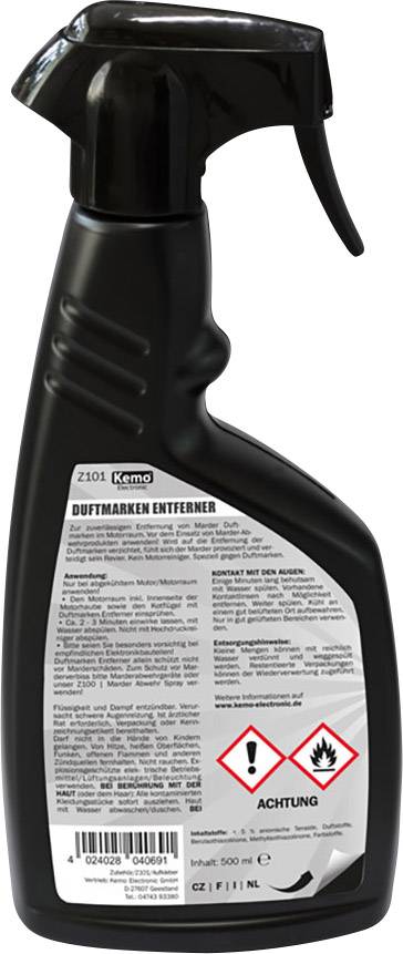 Black and grey spray bottle with Kemo logo and text 'Scent Marker Remover'. Flammability warning sign on the label.