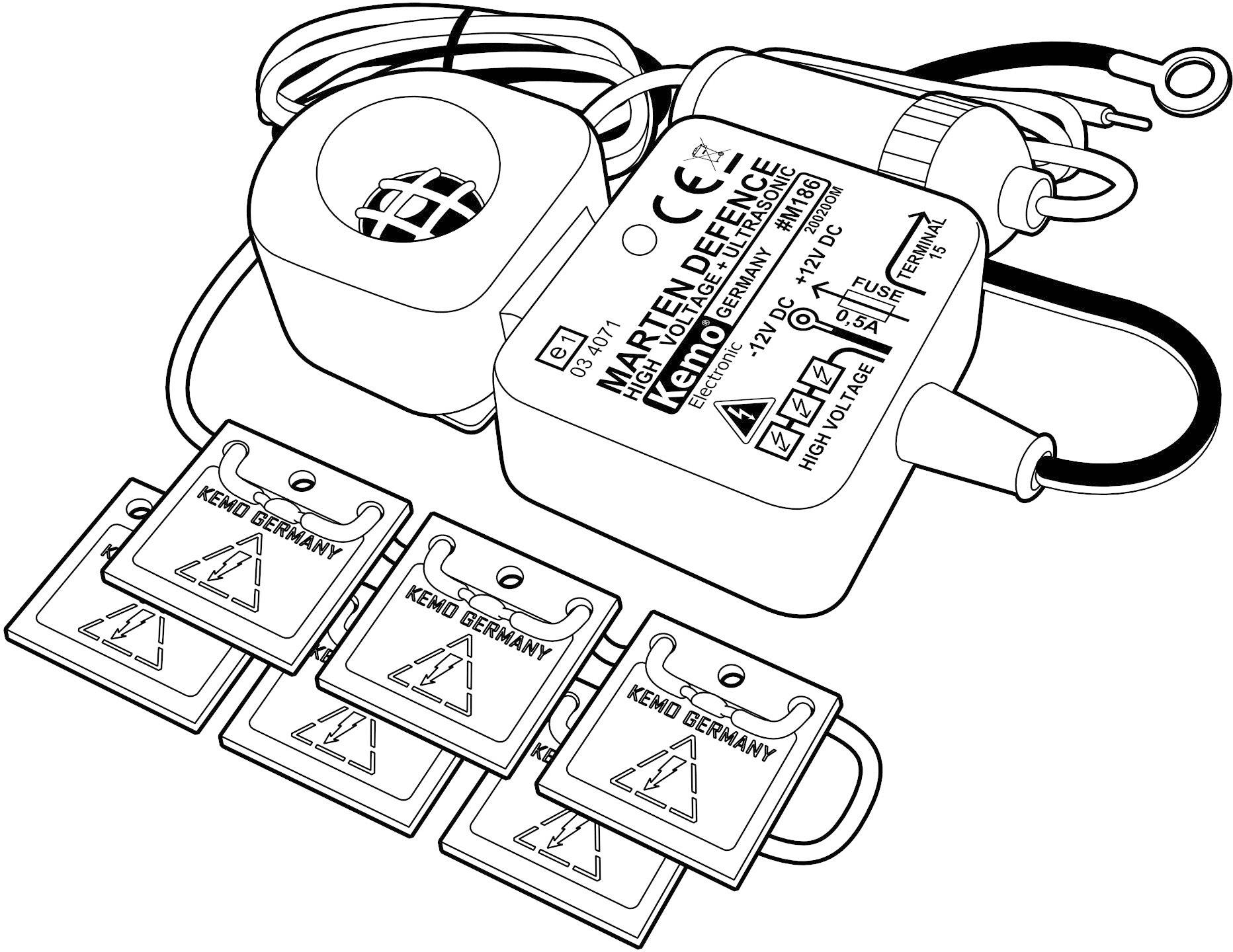 A marten protection device with control unit, connection cables and four blocking mats, designed to deter martens from vehicles.