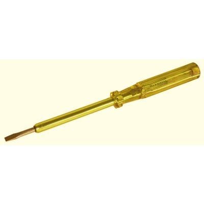 A phase tester with a transparent yellow handle and metallic tip, used for checking electrical voltages in power sockets.
