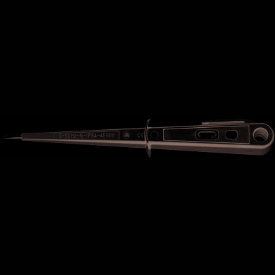 A voltage tester with a plastic casing and metal tip. Suitable for checking electrical voltages in low-voltage lines.