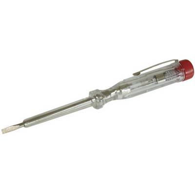 A phase tester screwdriver with a transparent handle and metal blade, commonly used for checking electrical voltages.