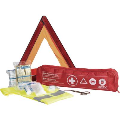Emergency kit with warning triangle, red first aid set, reflective yellow hi-vis vest, bandages and scissors, for automotive emergencies.