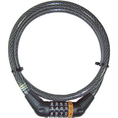 Bicycle cable lock with number combination, grey-black, displaying numbers 1 to 9 on rotating rings for securing.<br><br>Bicycle cable lock with number combination, grey and black, showing numbers 1 to 9 on rotating rings for securing.