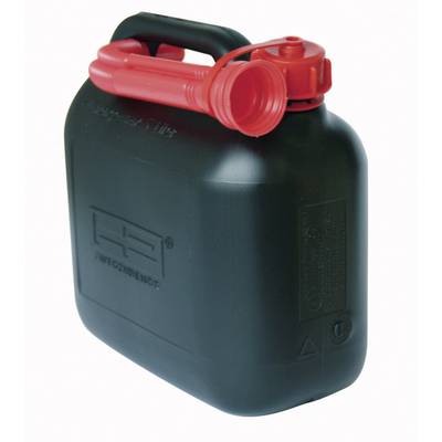 A black plastic petrol jerry can with a red spout, standing on a light surface.