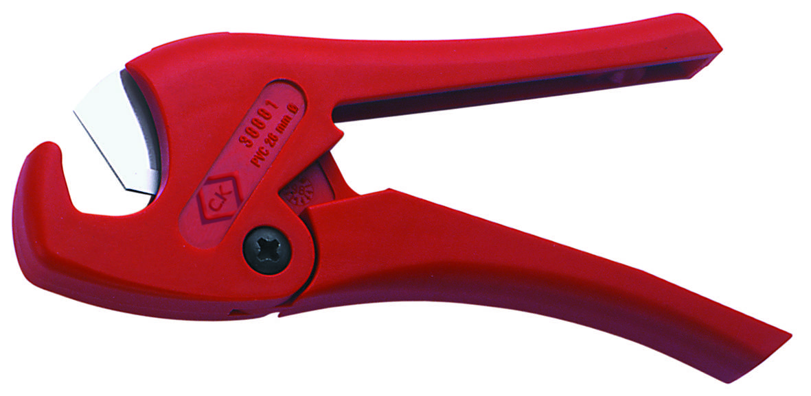 Red pipe cutter for plastic pipes, showing the open blade and ergonomic handle.