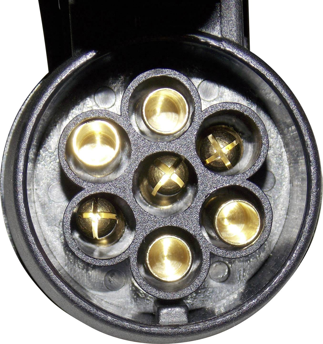 Close-up of a round, black plug with seven golden contacts.
