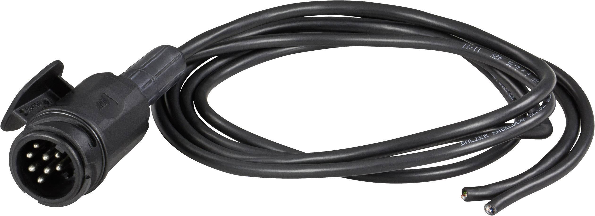 A black seven-pin trailer plug with cable, used for connecting vehicles with trailers for electrical signals.<br><br>Note: The translation is in British English, using standard terminology and phrasing typical in the UK automotive context.