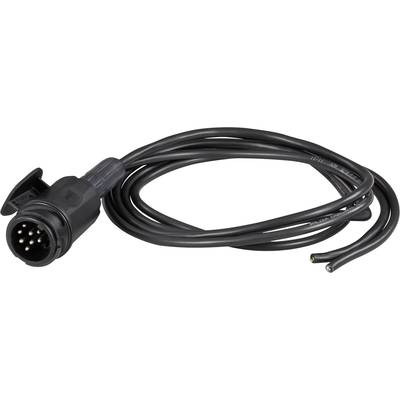 A black seven-pin trailer plug with cable, used for connecting vehicles with trailers for electrical signals.<br><br>Note: The translation is in British English, using standard terminology and phrasing typical in the UK automotive context.