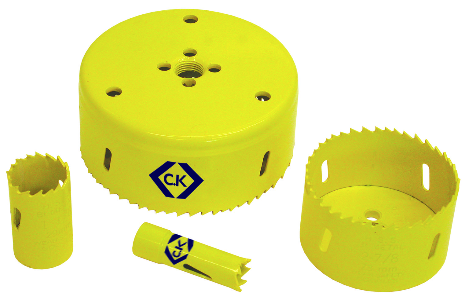 Yellow hole saws in various sizes with sharp teeth, suitable for drilling round holes in materials.