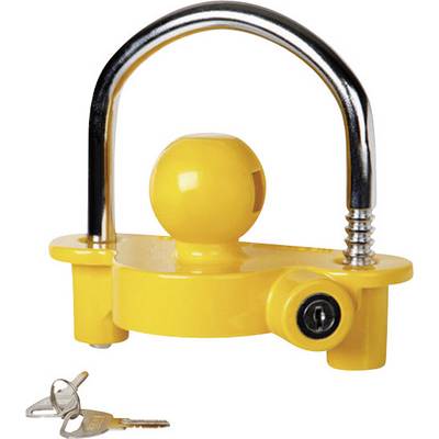 Yellow metal trailer coupling lock with two keys. Secures trailer against theft by locking the coupling.