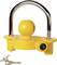 Yellow metal trailer coupling lock with two keys. Secures trailer against theft by locking the coupling.