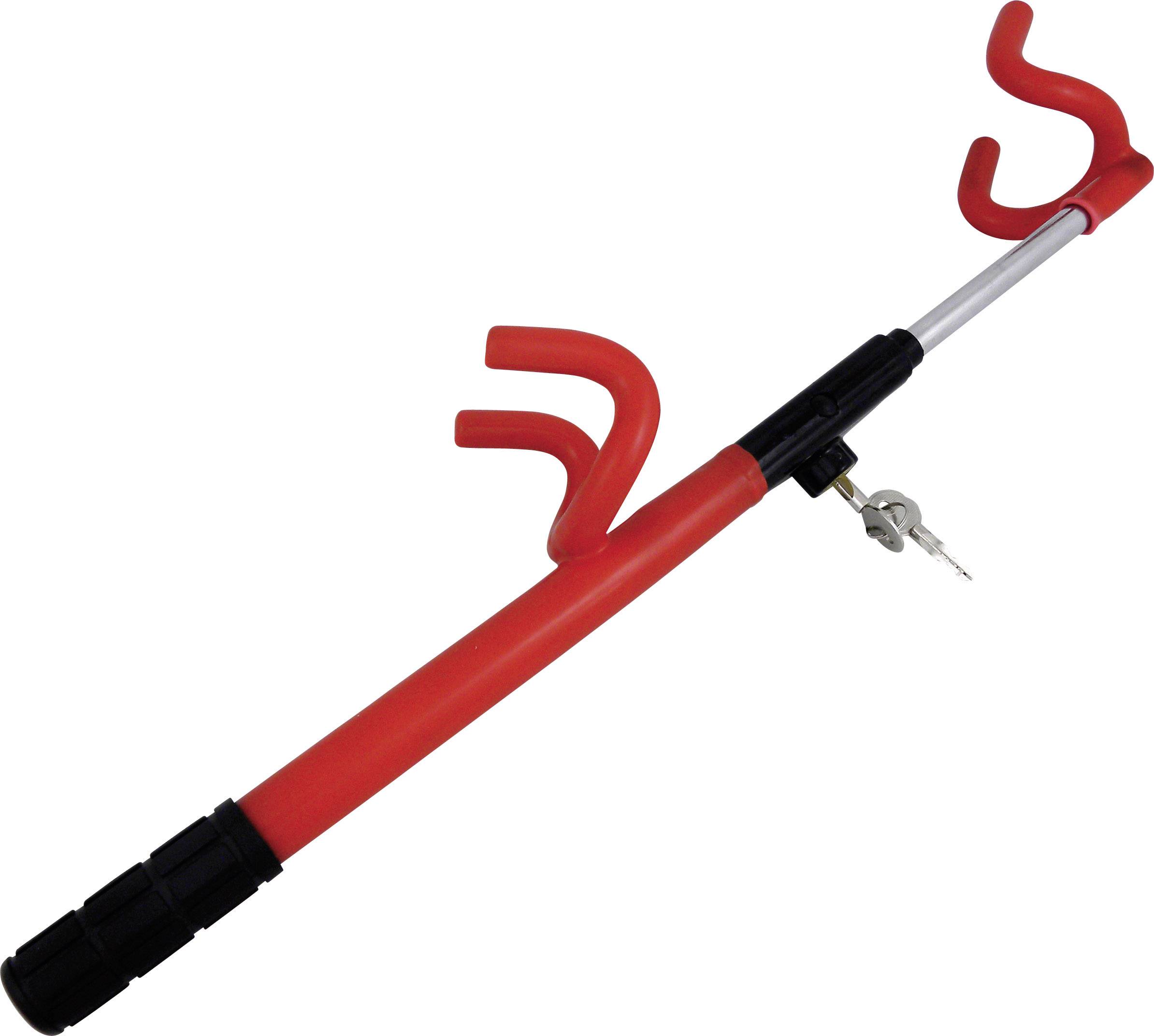 A red steering wheel lock with two hooks and a key, designed to prevent vehicle theft.
