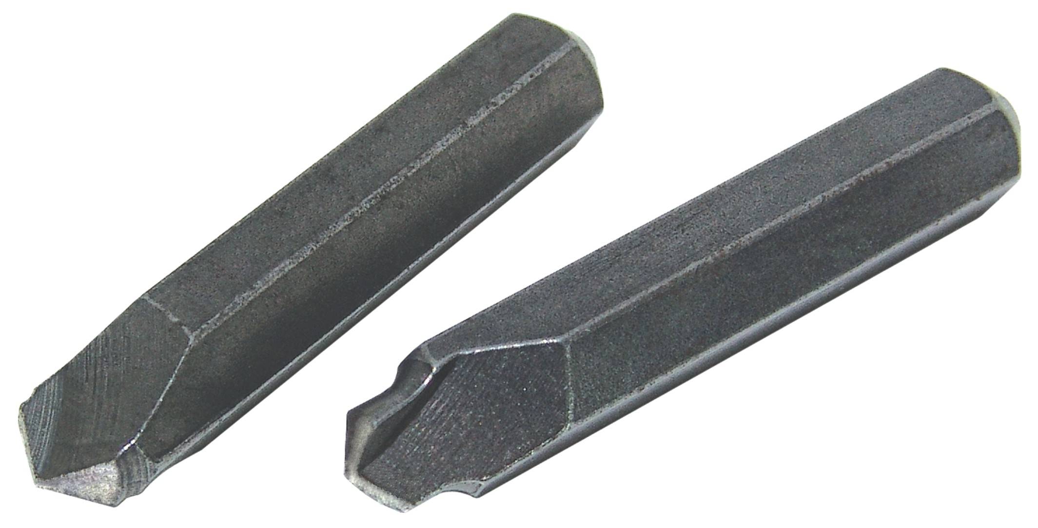 Two black, hexagonal screwdriver bits made of metal are lying side by side.