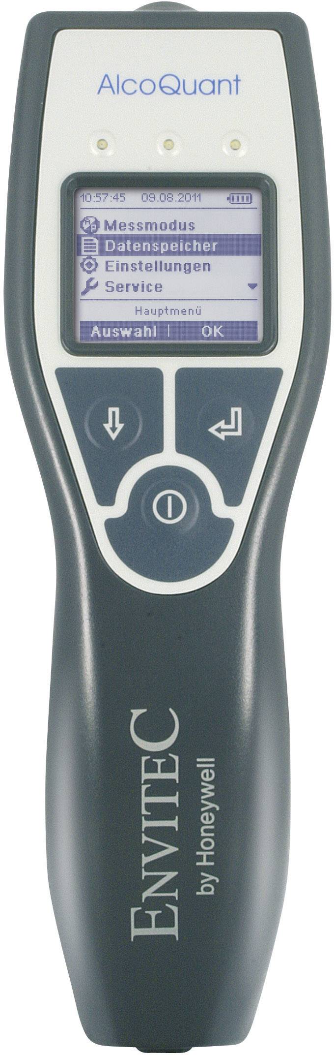 Portable Breathalyser with Digital Display. Menu Options: 'Measurement Mode', 'Data Storage', 'Settings', 'Service'.