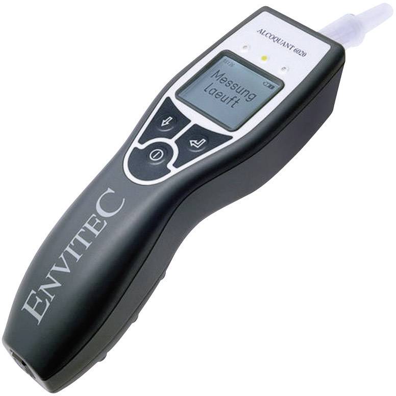 Breathalyser with display showing 'Measurement in progress' and a mouthpiece, brand Envitec.