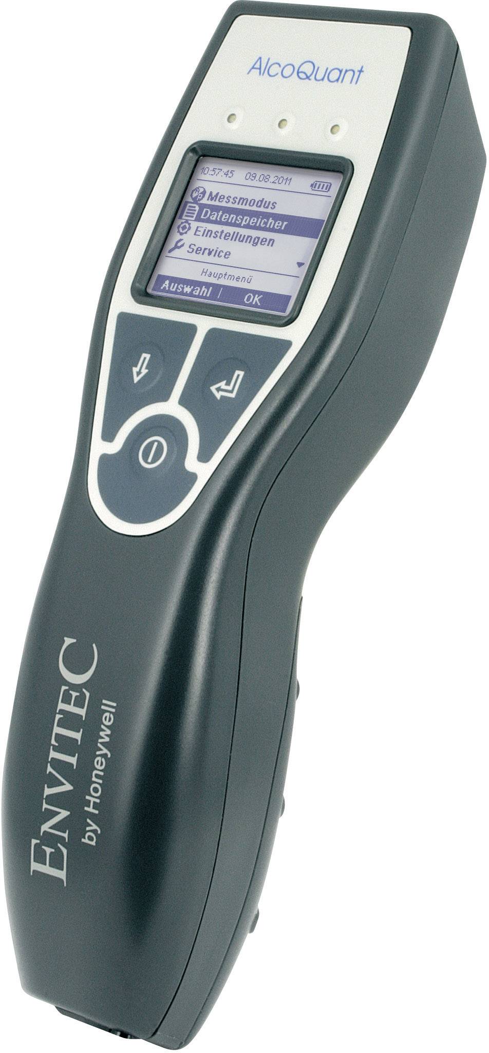 A portable breathalyser by Envitec with a digital display, control buttons, and brand logo.
