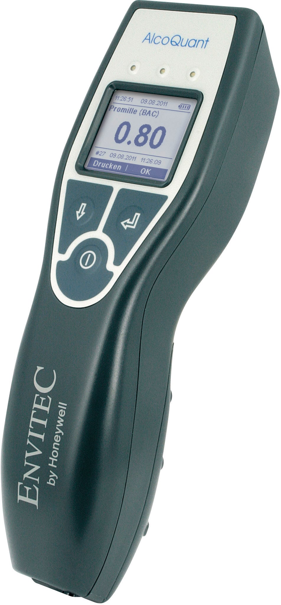 Breathalyser with digital display, showing '0.80'. Device by ENVITEC, dark grey with blue buttons, for use in alcohol testing.