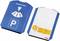 Blue parking disc with arrival time and white reverse side with adjustable wheel and yellow control window.