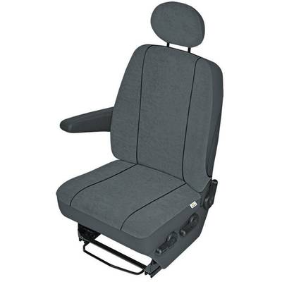 A grey car seat with headrest and armrest, suitable for vehicle interiors.