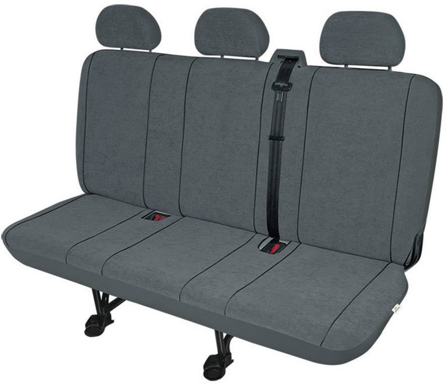 Rear bench seat in a car with three headrests and two visible seatbelt buckles in grey fabric.